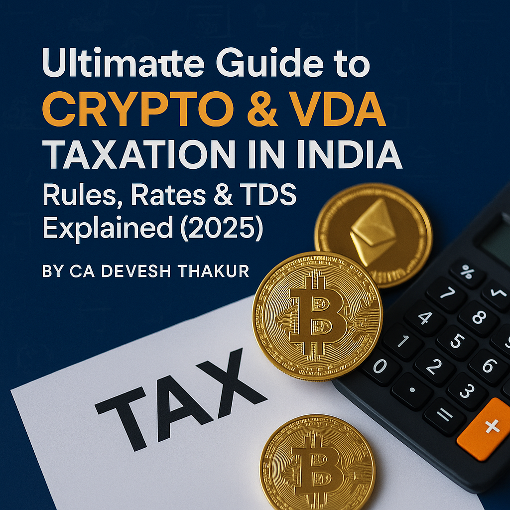 Ultimate Guide to Crypto & VDA Taxation in India: Rules, Rates & TDS Explained (2025) create square image for my blog on Ultimate Guide to Crypto & VDA Taxation in India Rules, Rates & TDS Explained (2025) by CA Devesh Thakur