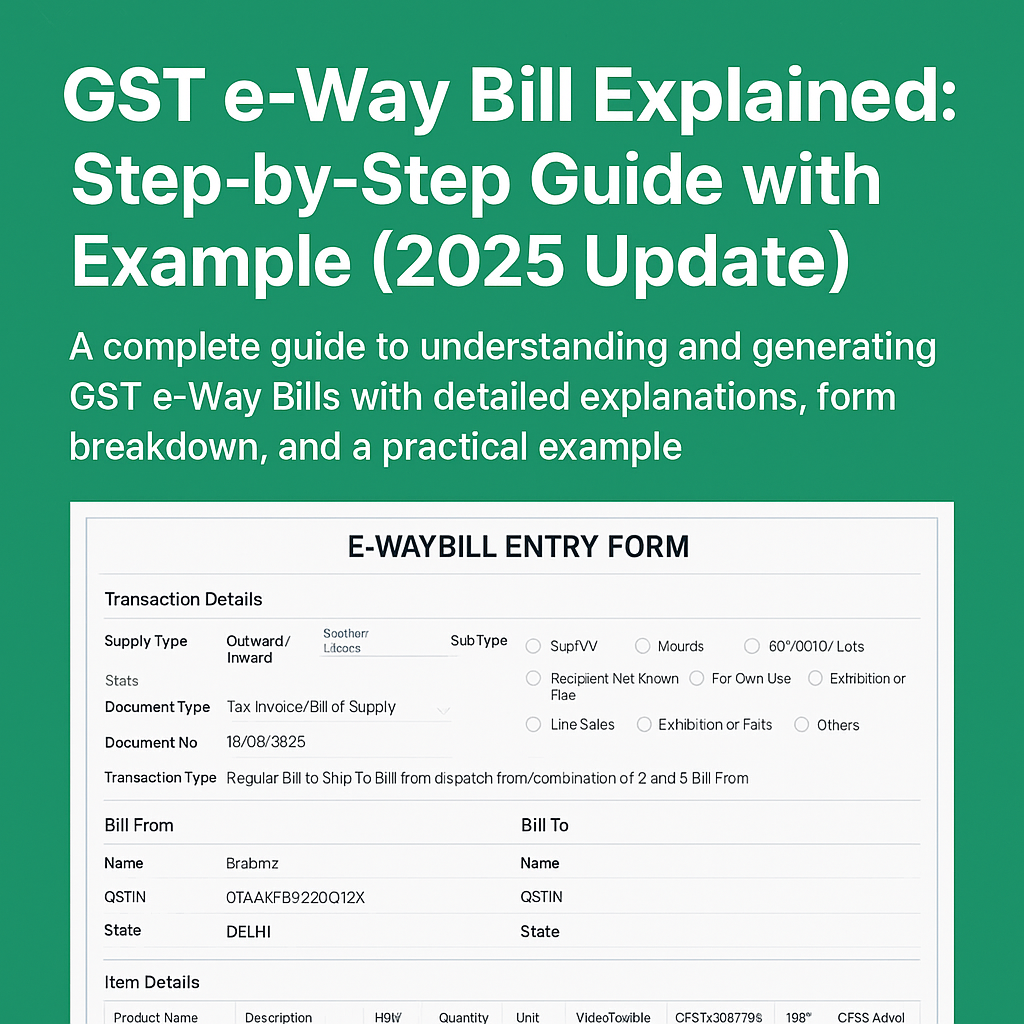 A complete guide to understanding and generating GST e-Way Bills with detailed explanations, form breakdown, and a practical example.