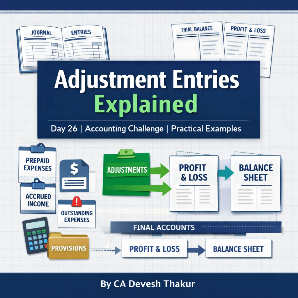 Day 26 Accounting Challenge Adjustment Entries Explained with Practical Examples by CA Devesh Thakur