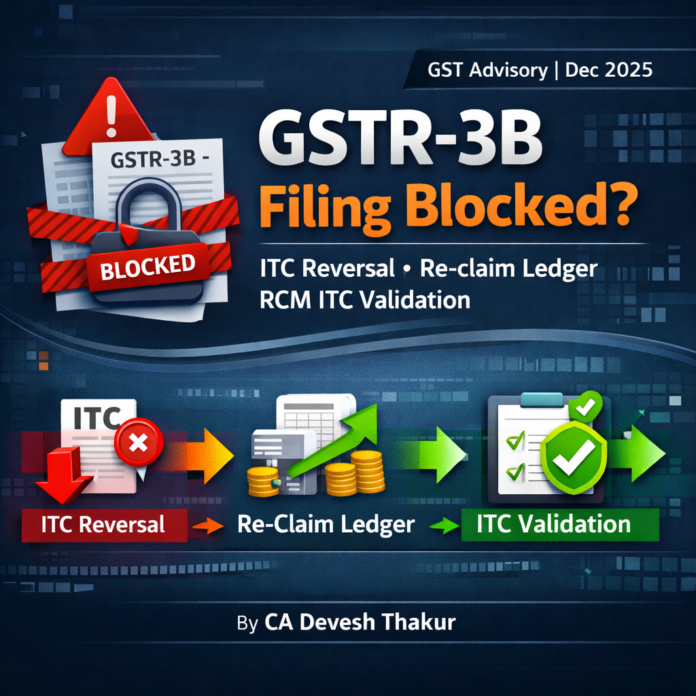 GSTR-3B Filing Blocked Complete Guide to ITC Reversal, Re-claim Ledger & RCM ITC Validation (GST Advisory Dec 2025)