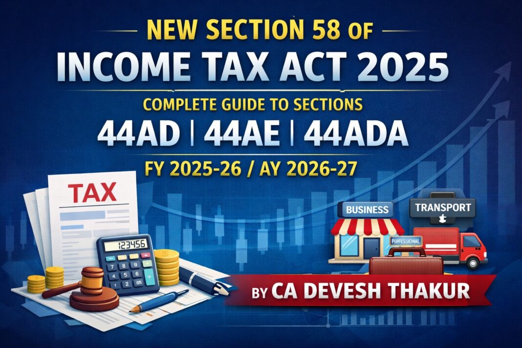 New Section 58 of Income Tax Act 2025 Explained – Complete Guide to Sections 44AD, 44AE & 44ADA (FY 2025-26 AY 2026-27) New Section 58 of Income Tax Act 2025 Explained – Complete Guide to Sections 44AD, 44AE & 44ADA (FY 2025-26 / AY 2026-27)