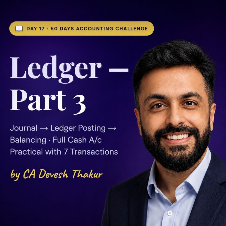 DAY 17 of 50 DAYS ACCOUNTING CHALLENGE Ledger Part 3 Journal Ledger Posting Balancing Full Cash Ac Practical with 7 Transactions by CA Devesh Thakur