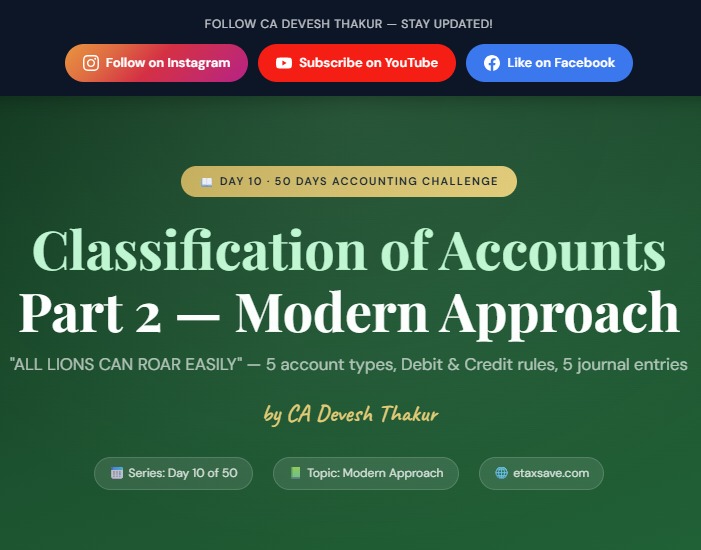 Day 10 — Classification of Accounts Part 2 Modern Approach Assets, Liabilities, Capital, Revenue & Expenses Explained with Journal Entries