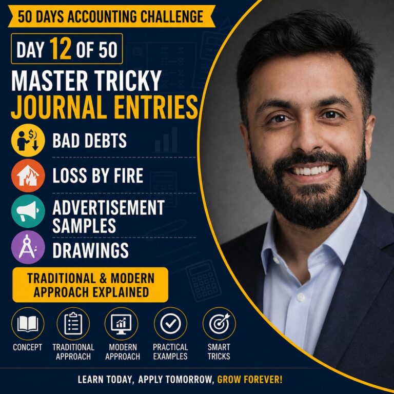 Master tricky journal entries — Bad Debts, Loss by Fire, Advertisement Samples & Drawings — with Traditional & Modern approach explained step by step. Day 12 of 50 Days Accounting Challenge.