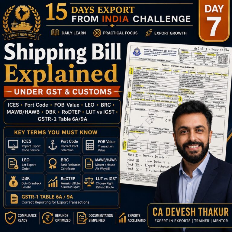 15 Days Export from India Challenge # DAY 7 Shipping Bill Explained Under GST & Customs ICES · Port Code · FOB Value · LEO · BRC · MAWBHAWB · DBK · RoDTEP · LUT vs IGST · GSTR-1 Table 6A9A by CA Devesh Thakur